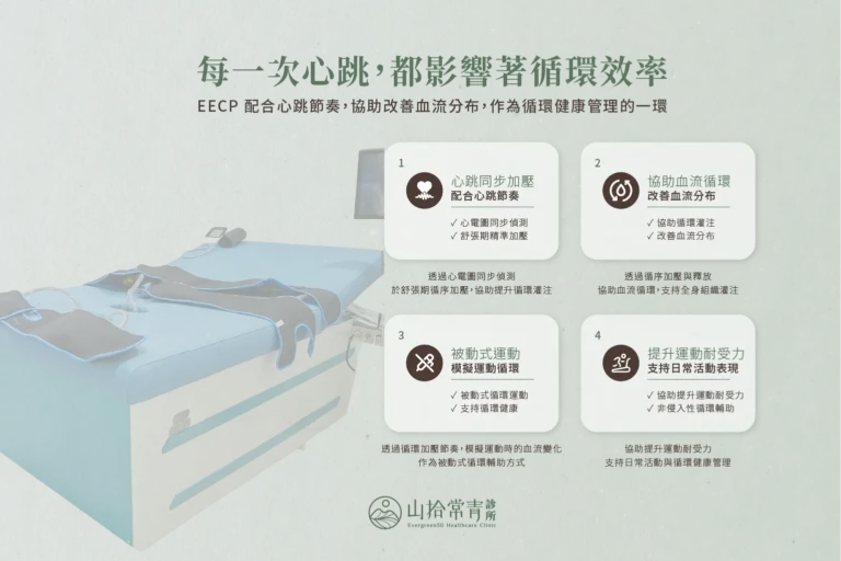 EECP 配合心跳節奏進行加壓與釋放,提供非侵入性的被動式循環訓練,協助血流循環與分布,並支持運動耐受力及日常活動表現。